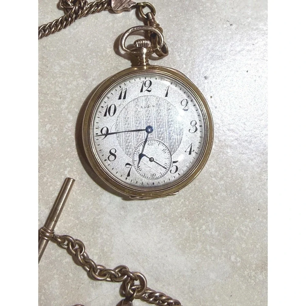 Antique ELGIN 14K Solid Gold 585 Fine 15 Jewels Pocket Watch Case Chain Fob‎